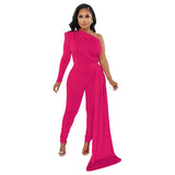 Fashion Women's Solid Color Diagonal Shoulder Cape One Shoulder Long Sleeve Trousers Jumpsuit-Outfit