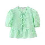 New Bubble Cuff Lace-Up Solid Color Short Blouse 1213835-Outfit