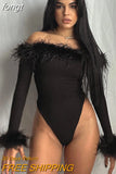 Feather Top Long Sleeve T Shirt Women Off Shoulder Body Spring Fall Outfits Bodycon Solid Streetwear Black