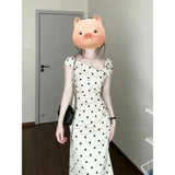 Fongt Spring Popular French White Wave Dot Three-Dimensional Flower Dress Pinch Folded Waist Thin Temperament Long