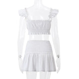 White Ruched Bandeau Top And Mini Skirt Set-Outfit