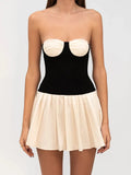 Black N White Contrast Strapless Pleated Mini Dress-Outfit