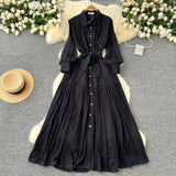 Fongt Elegant Dress Women Autumn Fasting Small High-Grade Lace Splicing Single Buckle Waist Over Knee Dress