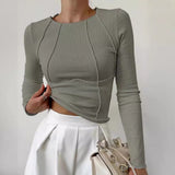 Fongt Shein New Spring Autumn New Sweet Spicy Solid Color Line Long-Sleeved Collar T-Shirt Girl
