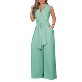 Fongt Women's Temperament Elegant Shirt Collar Sleeveless Solid Color Zipper Strap Wide Leg