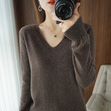 Fongt The 2023 Fall / Winter New Women's Knit Sweater Pullover Women's V-Neck Bottom Plush Sweater-Outfit
