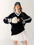 Stripe Bow Oversized V-neck Black Jersey Long Sleeve Top-Outfit