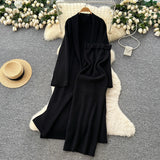 Fongt Simple Style Solid Knitted Light Sister Suit Girl Winter Body-Clamping T-Shirt Dress With Long Open Shirt Jacket