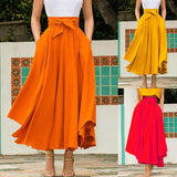 Women High Waist Flared Pleated Long Gypsy Bandage Solid color Fashion Lovely Maxi Skirt Full