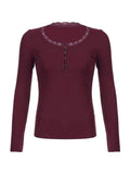 Solid Lace Trim Breasted Long Sleeve Knit-Outfit