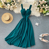 New Design Sense Careful Machine V Collar Back Retro Solid Color Waist Show Thin Hem Long Dress Women's Dress-Outfit