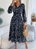 Shooting Autumn And Winter Elegant Flowers V Lead Long Sleeves To Close Waist Lotus Leaf Side A Dress Women's
