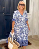 Fongt Summer Temperament Commuting Long-Term Broken Flower Tie-Dye Printing Large Code Loose Dress Women