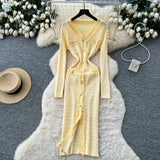 Fongt Small Fragrant Style High-Level Sense V-Neck Metal Buckle Waist Knitted Dress Women Autumn Body Fork Long Dress