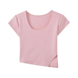 Fongt Summer Square Collar Short Slim T-Shirt Bottom Irregular Hot Girl With A Female Slit Short-Sleeved Shirt To Look