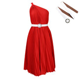 Fongt With Belt Women's New Fashion Temperament Slanted Shoulder Solid Color Pressure Folding Large Dress Folding