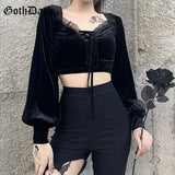 Dark Romantic Gothic Velvet Women Crop T-Shirts Black Bandage Lace Patchwork Sexy Tops Lantern Sleeve Retro Ladies