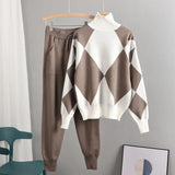 Winter Warm Knit 2 Piece Set Women Oversized Sweater Tracksuits Autumn Turtleneck Pullovers Top + Knit Harem Pants