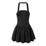 Solid Halter Slash Collar Mini Dress-Outfit