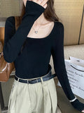 Sweater 2023 Early Autumn New Thin Sweater Short Sweater With Square Collar And Long Sleeves Inside-Outfit