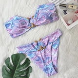 Fongt New Sexy Bikini Solid Color Strapless High Waist Swimsuit Metal Accessories Women's