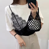 Two Piece Ropa Mujer Contrast Lace Patchwork Tops Loose T Shirt Short Sleeve Camisetas Summer Round Neck Clothes Women-Outfit