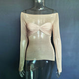 Through Mesh Crop Top Women Pullovers Strapless Short Knit Cropped Tops Ladies Tee Shirt Sexy Off-shoulder T-shirt-Outfit