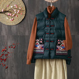 New Retro National Style Down Vest Outside The Female Wear Plate Buckle White Duck Down Pocket Embroidered Vest Down Inside-Outfit