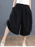 Pants Elastic Waist Large Drawstring Pocket Women's Summer Breeches Middle Waist Casual Solid Color Wide Leg Cropped