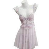 Fongt Sexy Lace Pajamas Perspective Mesh Embroidery Lotus Leaves Flying Side With T Pants Sling Pyjamas Pure Lust Homewear