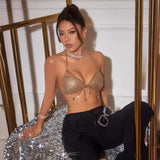 Fongt Women's Nightclub Low Chest Exposed Back Chain Sling Deep V Crop Tassel Vest
