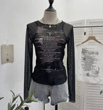 Graffiti-Printing Mesh T-Shirt 2024 Vintage Spice Girls Slime Long-Sleeved Hooded Top