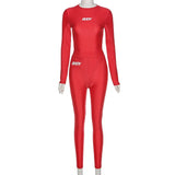 Red Sporty Bodycon Matching Sets Women Letter Print Long Sleeve 2 Piece Outfit Workout Bodysuit And Leggings