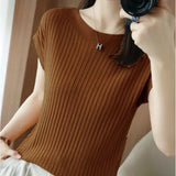 Fongt Silk Knitted Women Loose 2023 Summer New Gray Top Collar Thin Short-Sleeved T-Shirt
