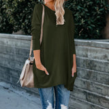 Wise Women's New Round Collar Long Sleeve Pocket T-Shirt Top-Outfit