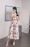 Fongt 2025 New French Holiday Collar Shoulder Short Sleeves To Show Thin Flowers Long Orange Truss Dress