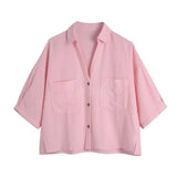 Women Fashion With Pockets Loose Cropped Blouses Vintage Short Sleeve Button-up Female Shirts Blusas Chic