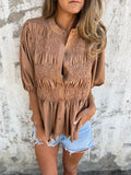 Fongt Summer New Solid Color Collar Button Casual Fashion Short Sleeves To Puff Shirt Women's Clothing