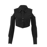 Fongt Pure Wind Women's Lapel Breasted Cardigan Open Shoulder Hollow Chain Temperament With Long Sleeve