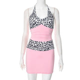 Fongt Women's Spring And Summer Tethering Neck Deep V-Neck Leopard Print Splicing Folded Bag Of Hips