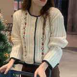 Chic Autumn And Winter French Small Fragrant Wind Three-Dimensional Embroidery Flowers Contrast Color Small Knit Sweater Sweater Coat Female-Outfit