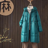 New Chinese Down Jacket Female Long Style 2024 Winter New Hat Retro Art Over The Knee Loose Thick Plus Size Coat-Outfit