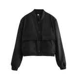Fongt Color Jacket 2023 Stand Collar Double Pocket Solid Color Locomotive Ker Pilot Jacket Cotop Female-Outfit