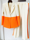 QUALITY Newest 2023 Star Style Fashion Designer Runway Suit Set Women's Single Button Color Block Blazer Flare Pants