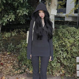 Fongt Retro Black Hooded Long-Sleeved Knitted Shirt Micro-Sleeves Friserie Women Autumn And Winter Slimming Two Sets
