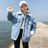2023 Autumn / Winter New Net Red Retro Lamb Wool Denim Jacket Female Loose Lapel And Velvet And Thick Cotton Clothes And Padded Clothes-Outfit