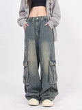 Fongt Old Vintage Washed Jeans For Versatile And Versatile High Street Pocket-Down Casual Cargo Pants-Outfit