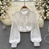 Socialite Style High-End Shirt Autumn And Winter Lantern Sleeve Diamond-Encrusted Loose Design Minority Light Extravagant Blouse-Outfit