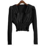 White Elegant Fold Pleated Slim Shirts Female Square Collar Long Sleeve Korean Fashion Blouses 2022 Spring