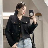 Cropped Tweed Jackets Women Vintage Tassel Basic Short Coats Korean Elegant Single-Breasted Casual Outerwear Spring Autumn-Outfit